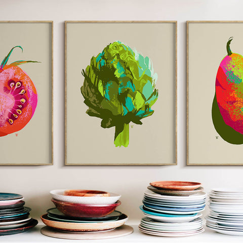 fruit artwork and vegetable wall art in a cozy kitchen