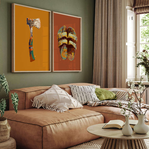 outdoor themed living room with vintage camping posters