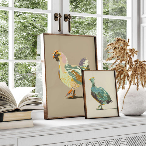modern farmhouse posters of sheep and chicken in kitchen