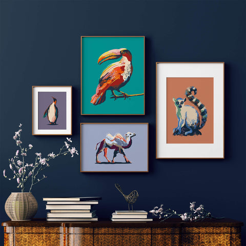 colorful animal paintings in living room