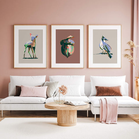cottagecore posters in pink living room