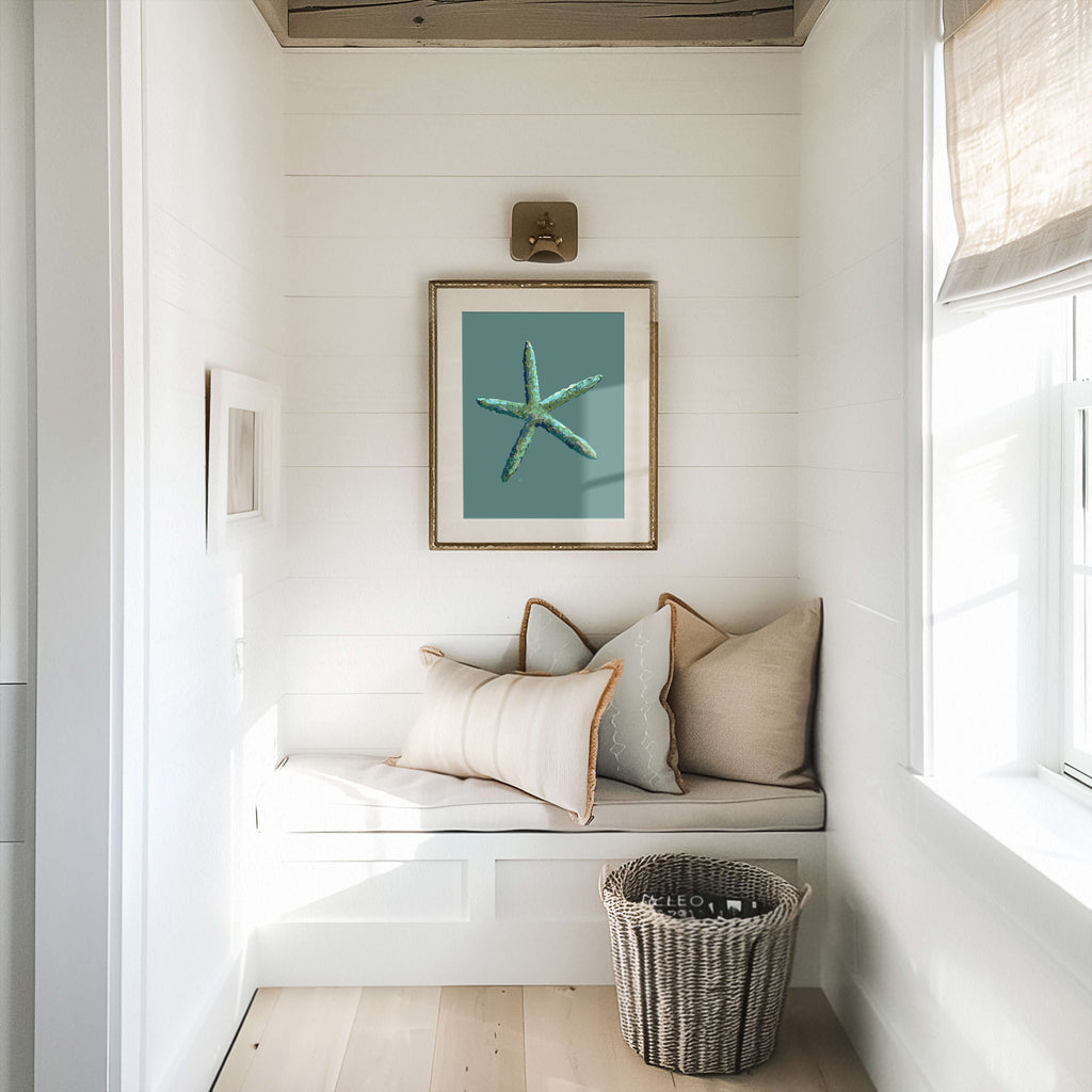 green starfish art in modern coastal beach house