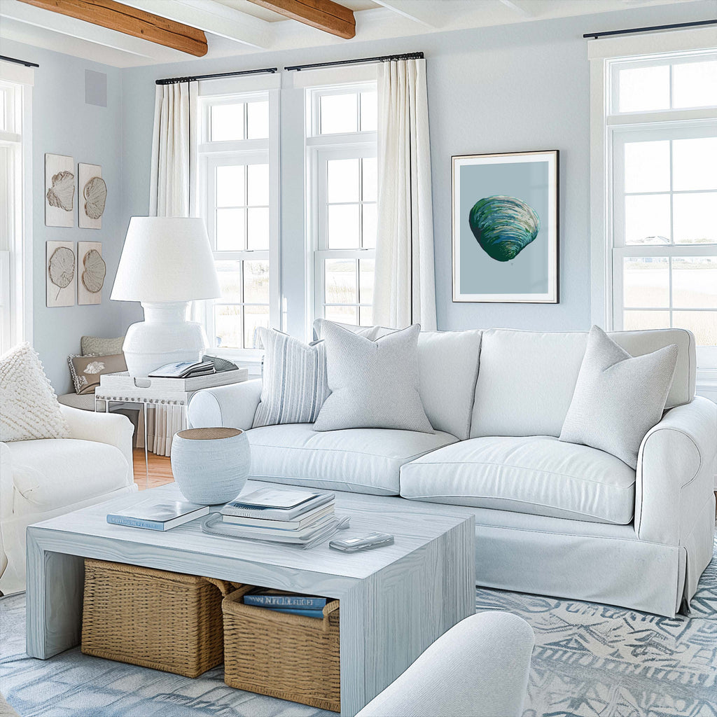 modern coastal living room with light blue clam shell art