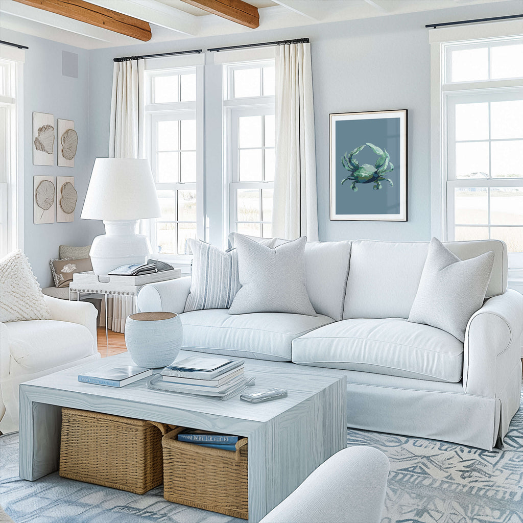 living room in beach house with blue crab art