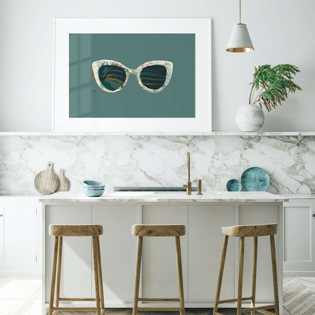 beach house kitchen with sunglasses art print in green