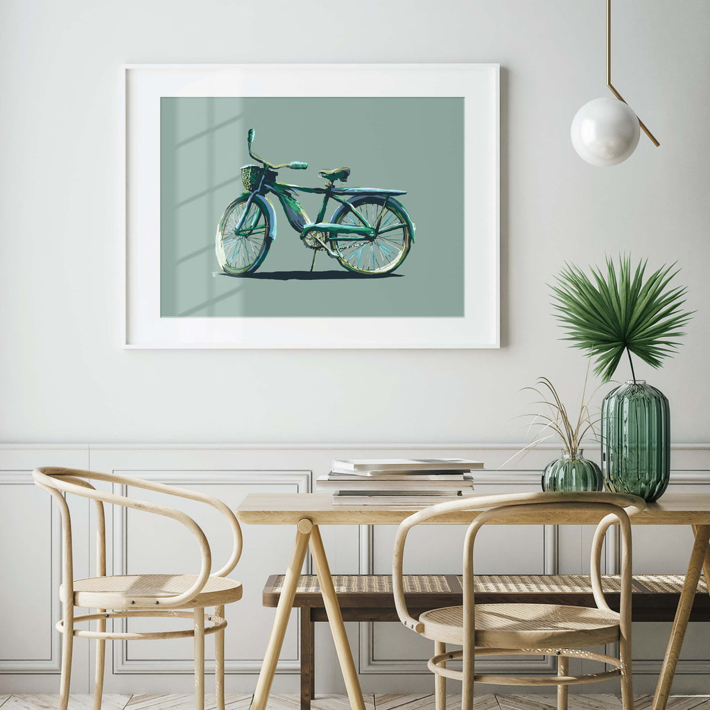 coastal kitchen with framed bicycle art