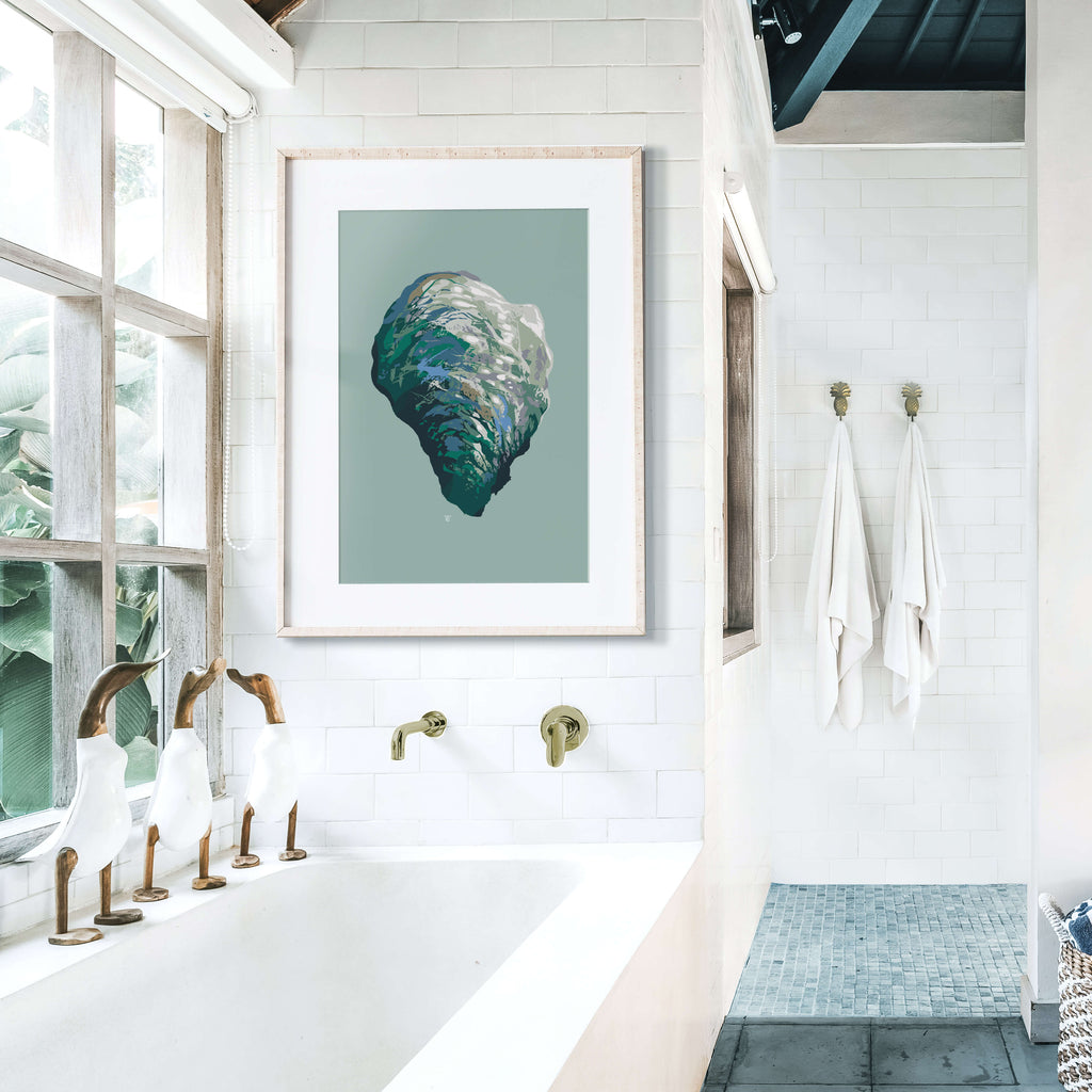 oyster art print in modern coastal bathroom