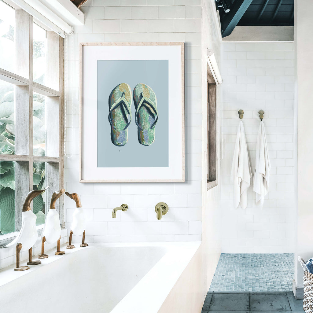 flip flop art in modern beach house bathroom