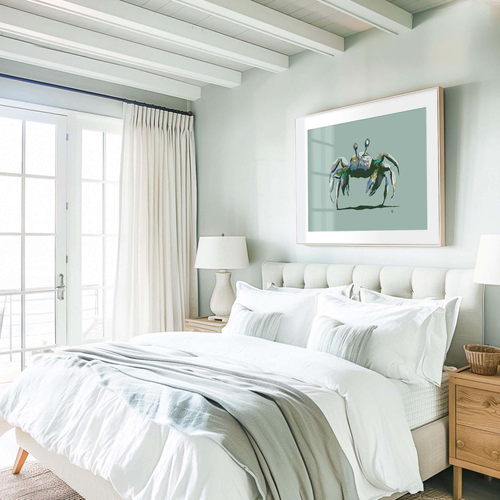 sand crab art in light colored coastal bedroom