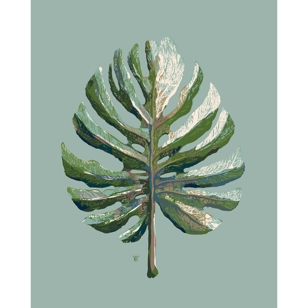 monstera leaf art in light greens