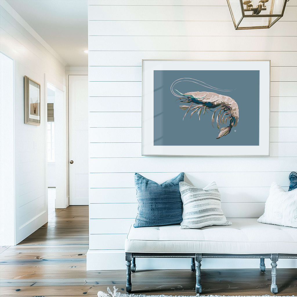 shrimp art in modern coastal entryway
