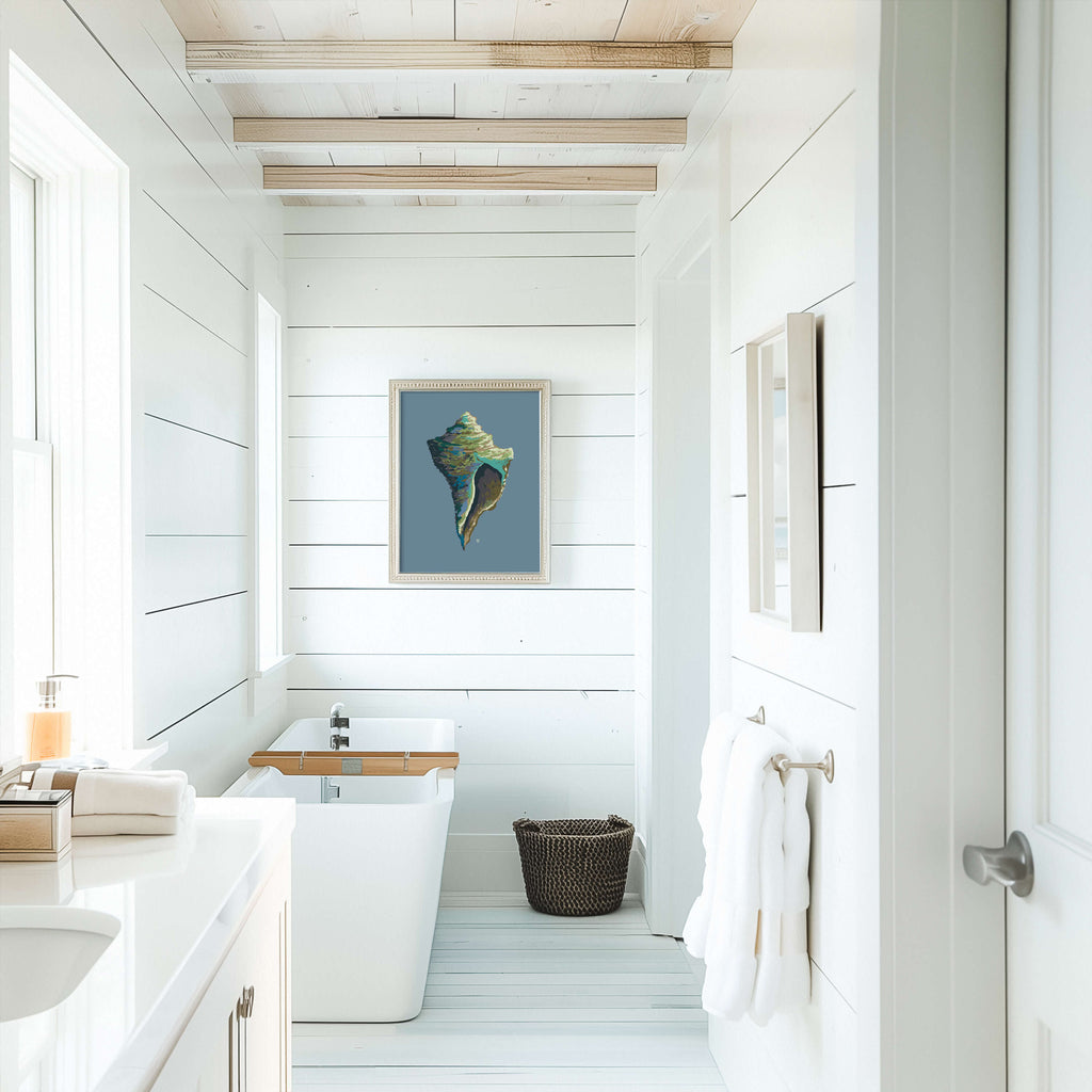 seashell painting print in modern coastal bathroom