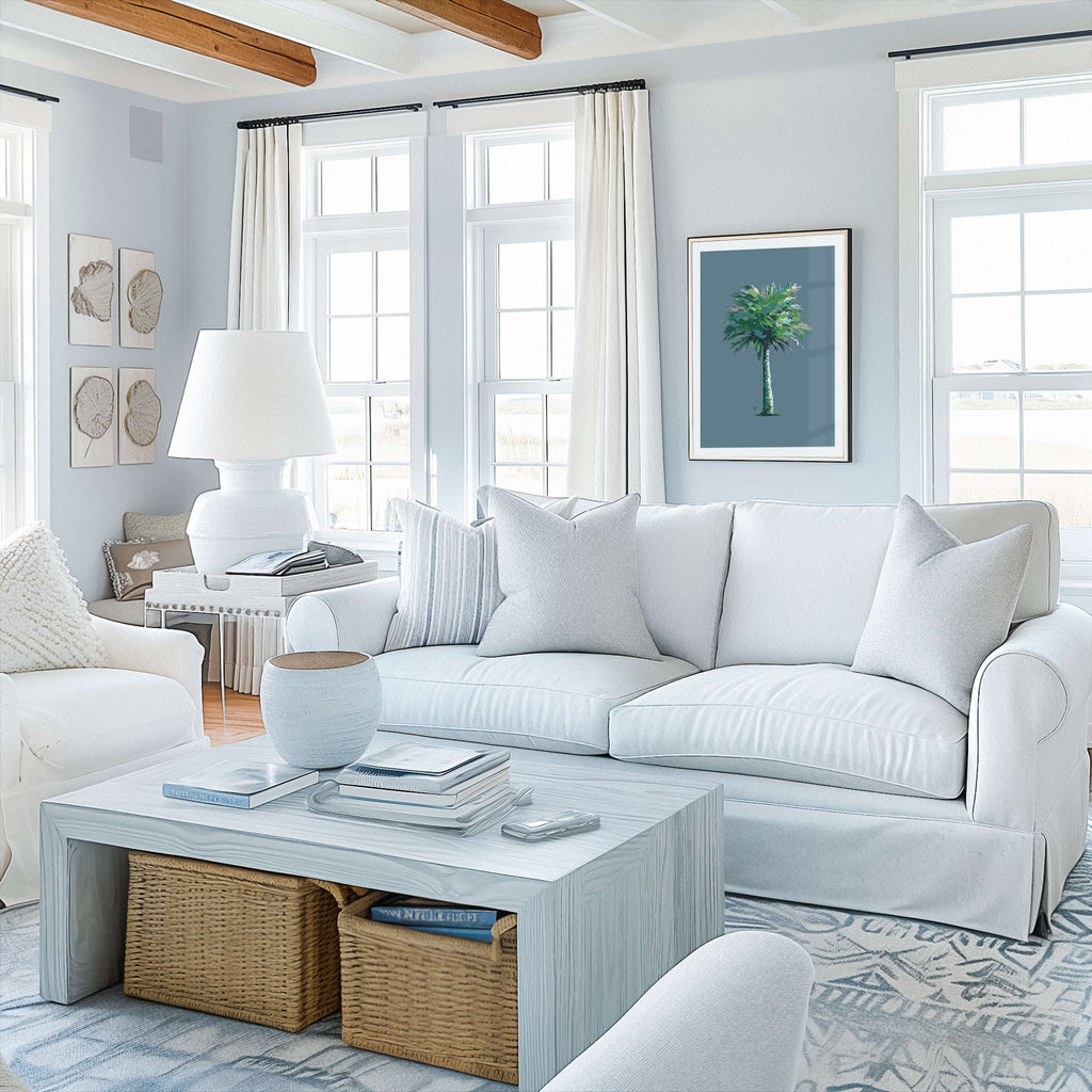 coastal grandma living room with palm tree art