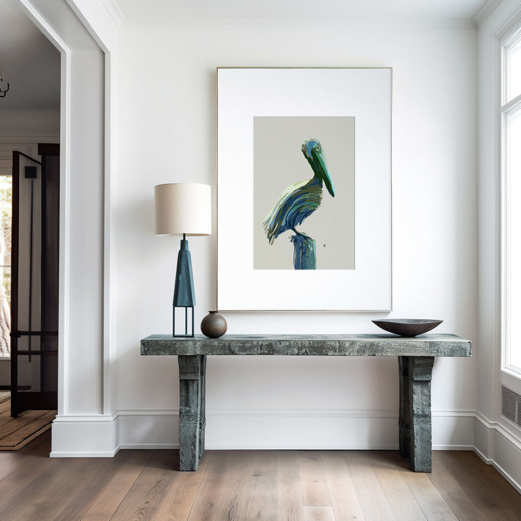 beach house entryway with pelican art