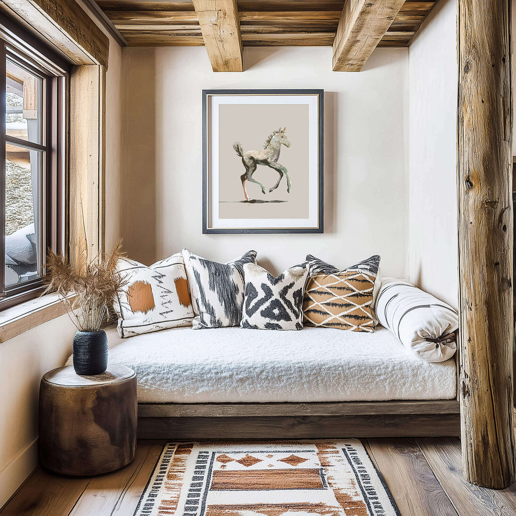 framed colt drawing in a sunroom of a ski lodge