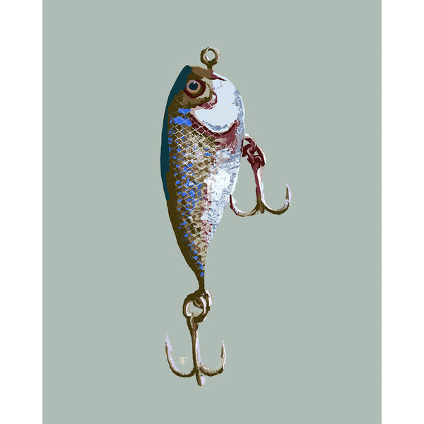 fishing lure drawing in a modern style on a light green background