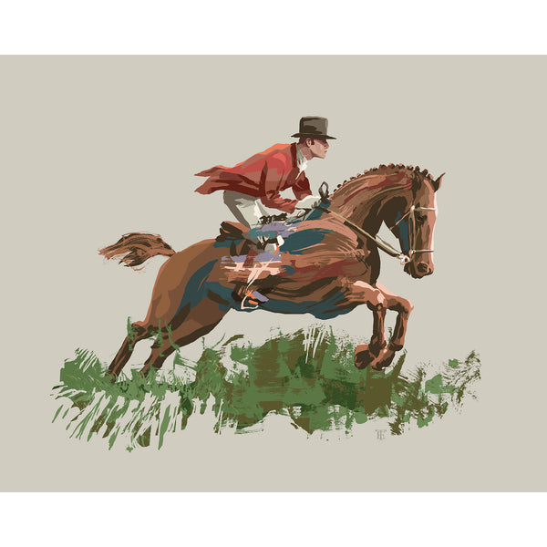 fox hunting artwork in a modern style, very abstract brushstrokes but the overall effect is realistic. the fox hunter and horse are jumping over a hedge.