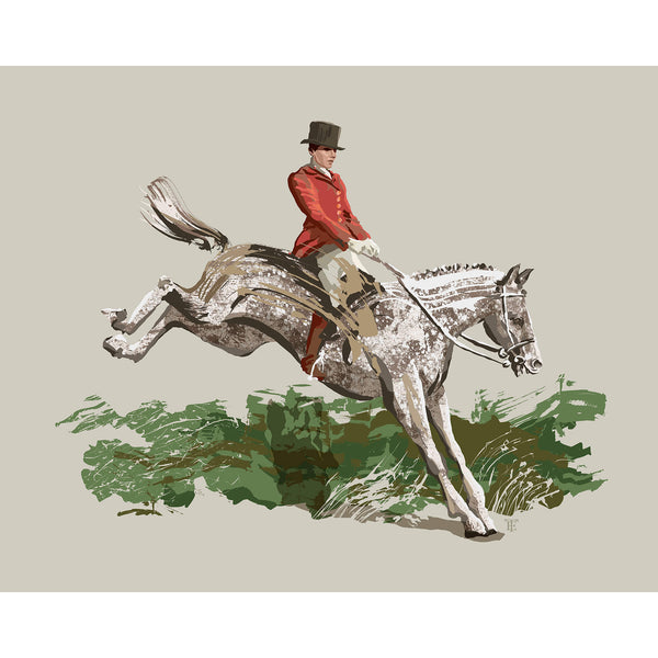 fox hunting painting in a modern style in which a woman on a dapple gray horse jumps over a hedge