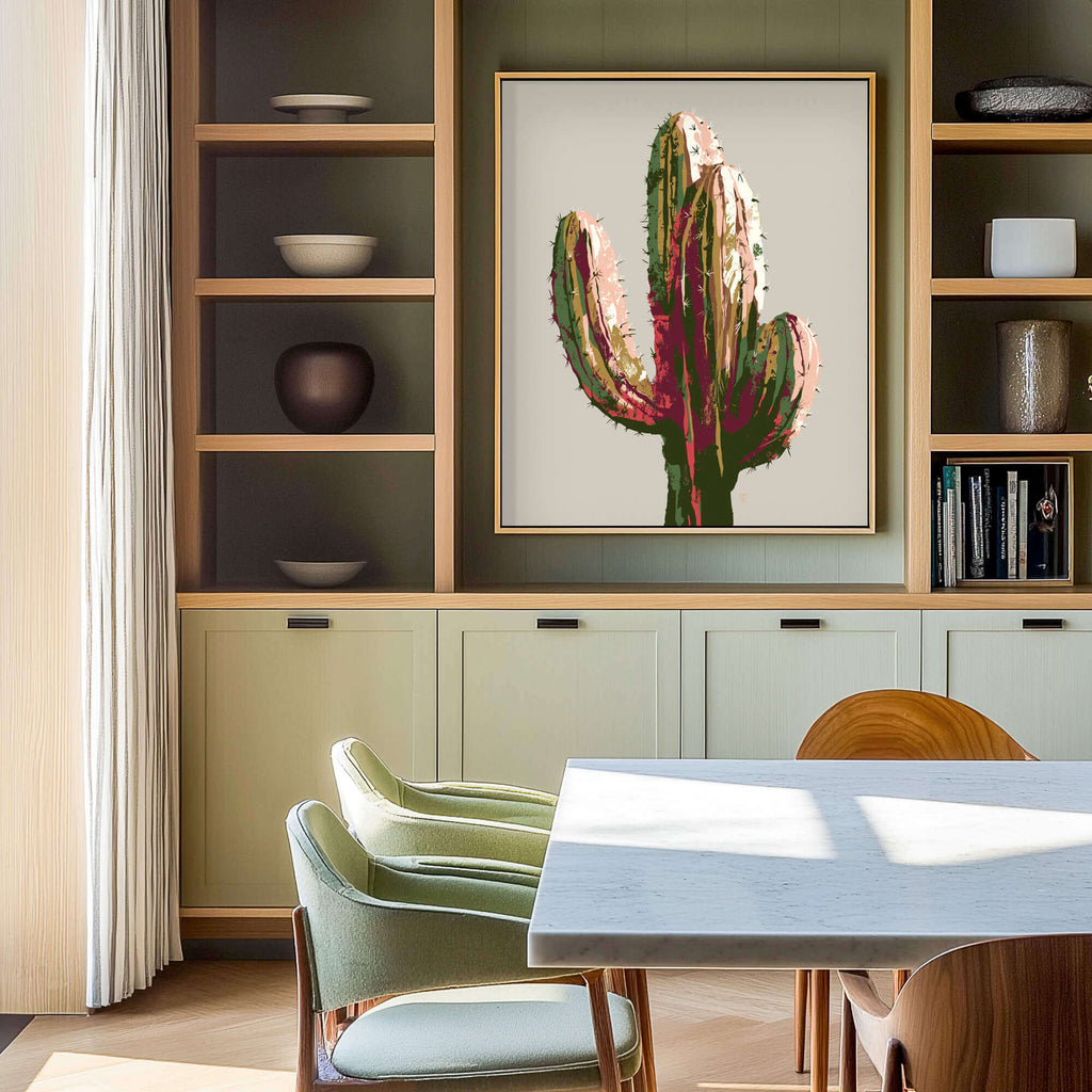 framed cactus painting in a dining room of a house in Santa Fe.