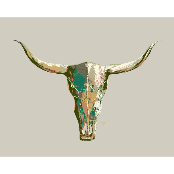 cow skull art in brown, teal, and mauve, in a modern style, on a beige background
