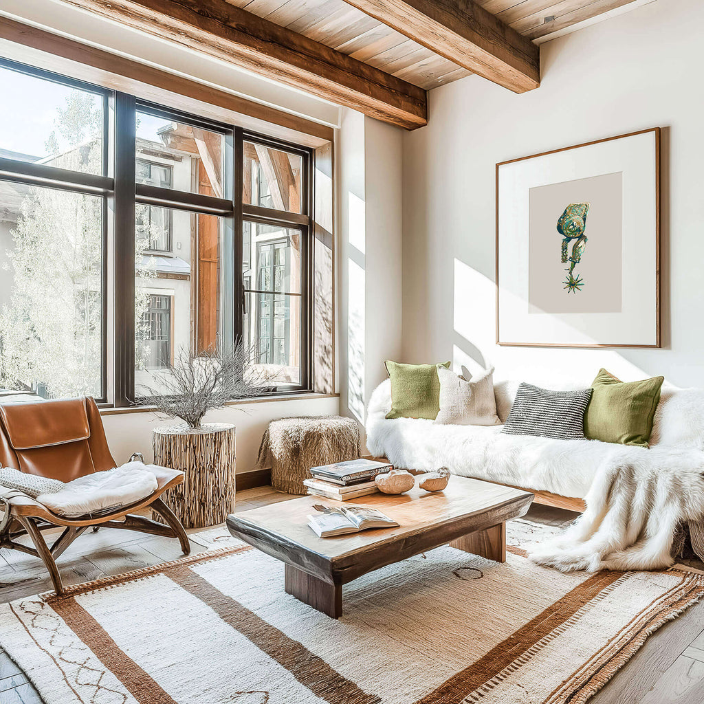 aspen ski chalet living room with antique cowboy spur drawing on the wall
