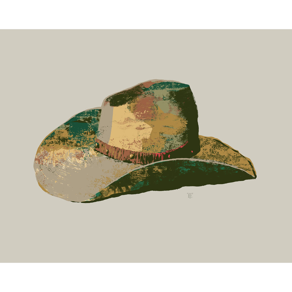 cowboy hat drawing in a rustic modern style, the colors are ochre, green, brown, gray, and mauve.