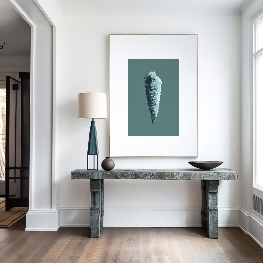 modern coastal entryway with auger shell painting