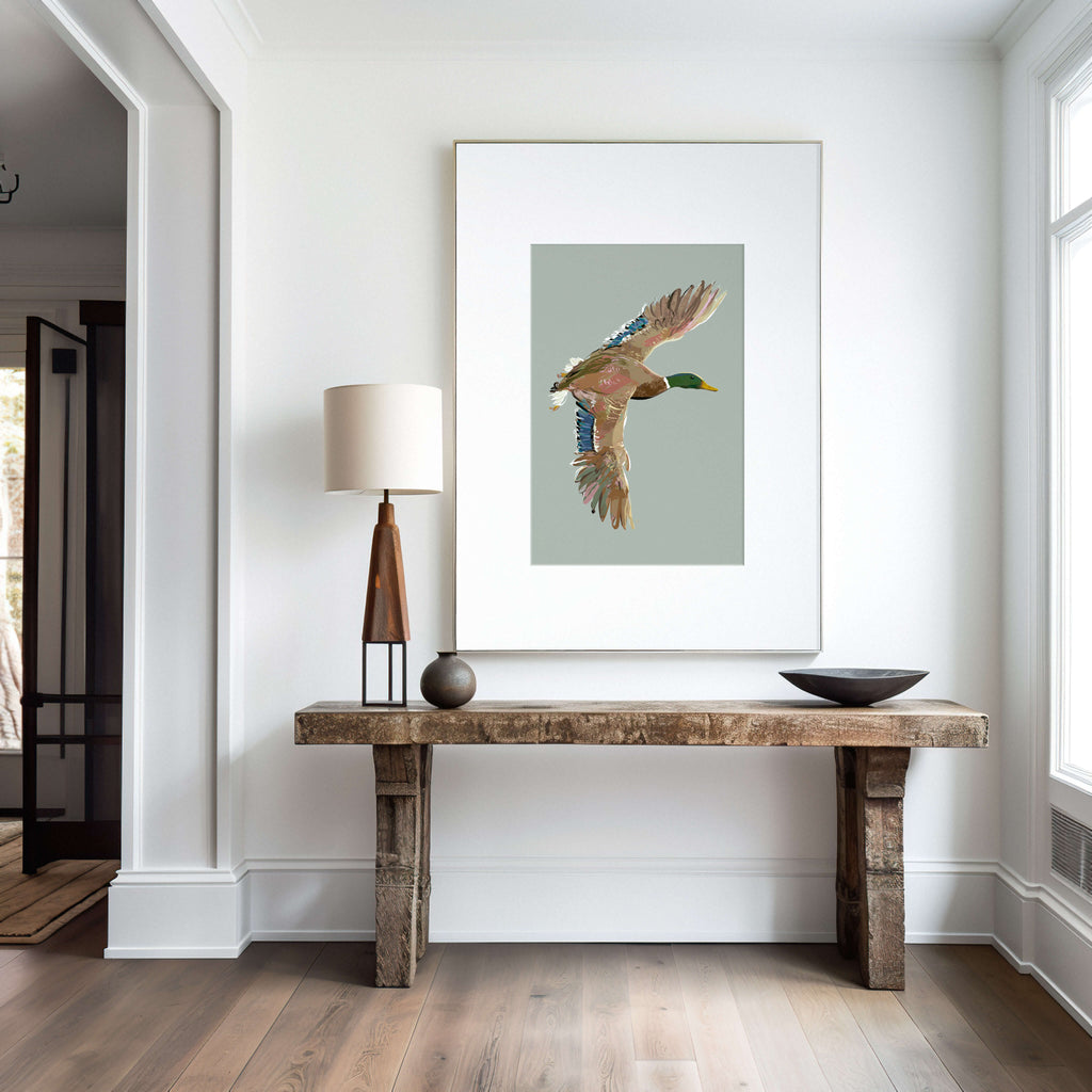 modern duck hunting art in lake house interior
