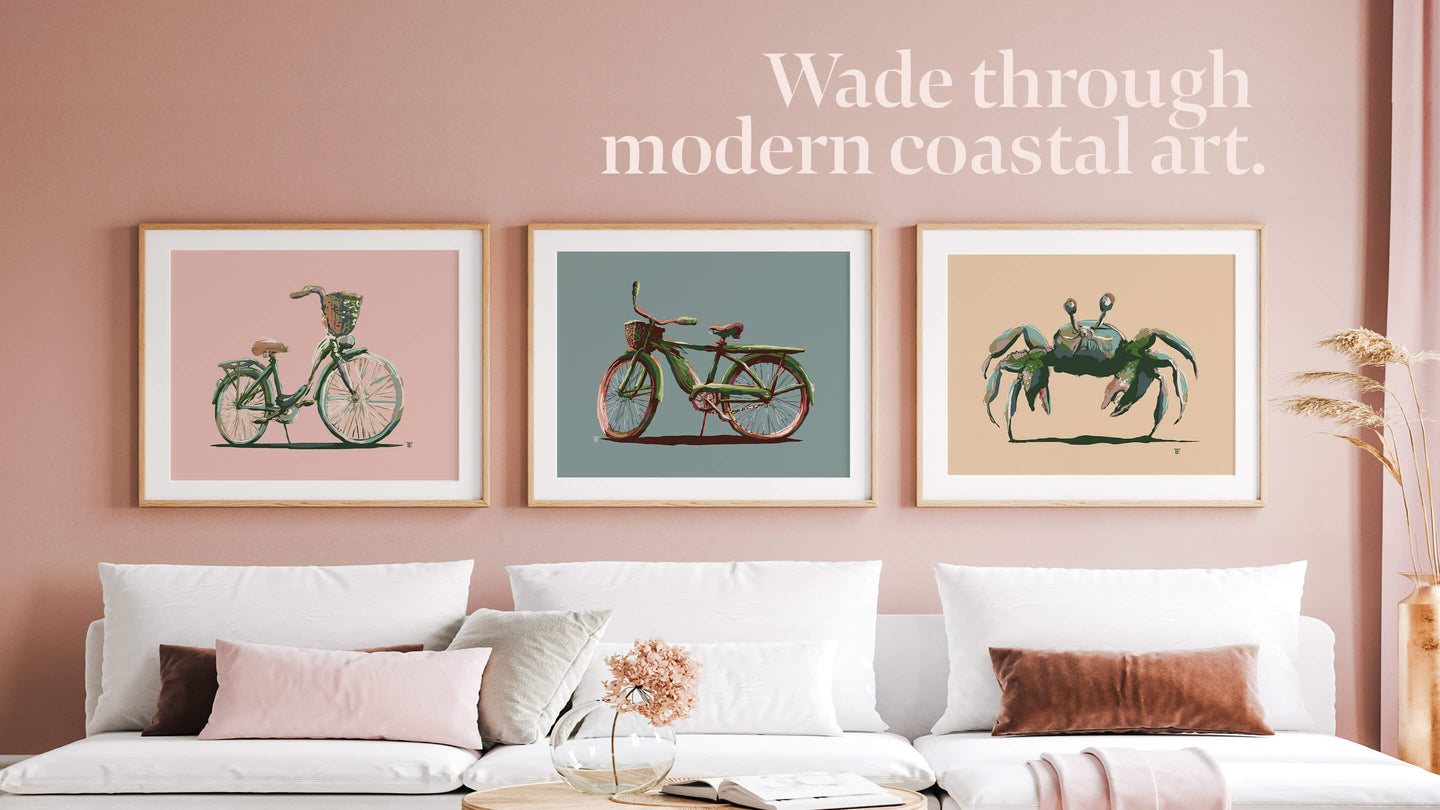modern coastal art collection in pink living room