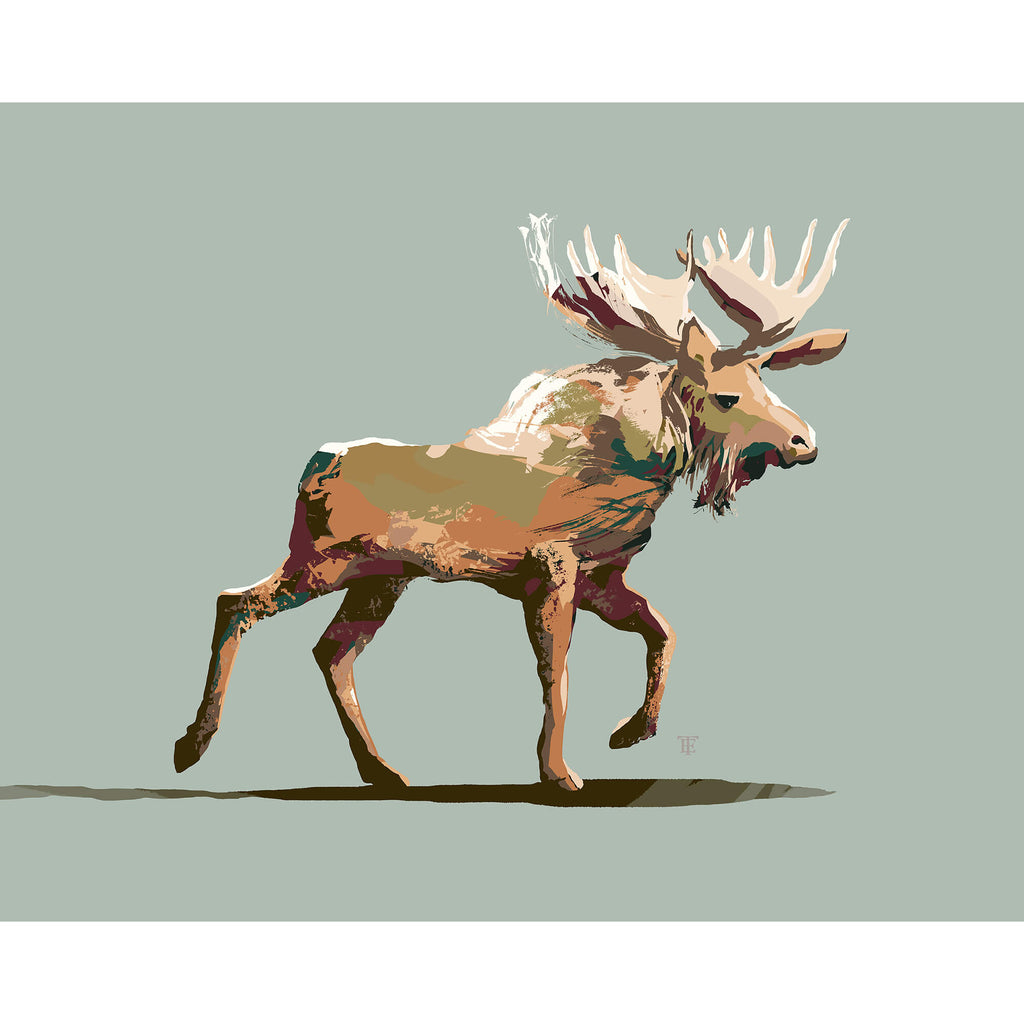 moose drawing in a modern style in muted colors on a gray-green background