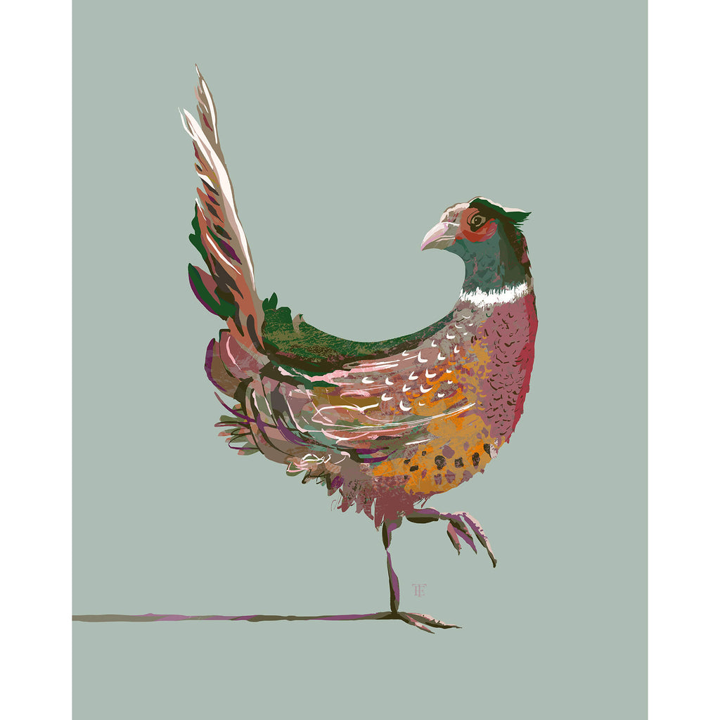 colorful pheasant drawing on a light grayish green background