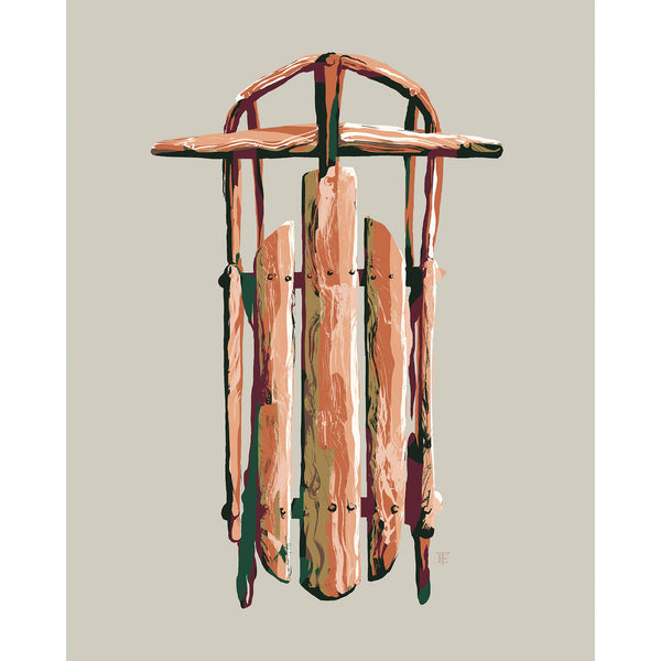 sledding art in earth tones, it is a modern drawing of a vintage sled