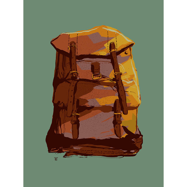 colorful art print of vintage backpack