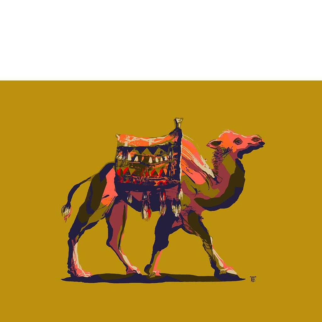 colorful art print poster of camel on mustard yellow background