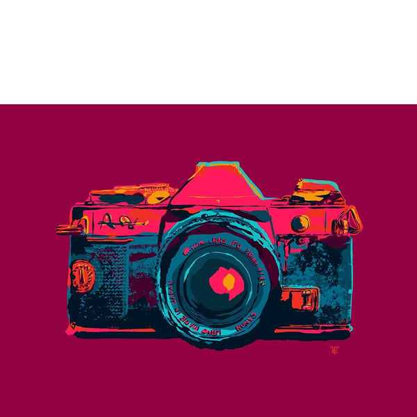 colorful art print of vintage antique camera