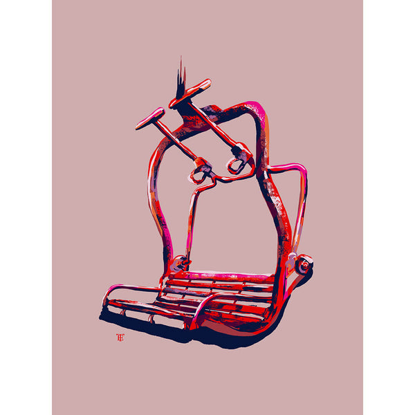 art print poster of chairlift in bright red and blue