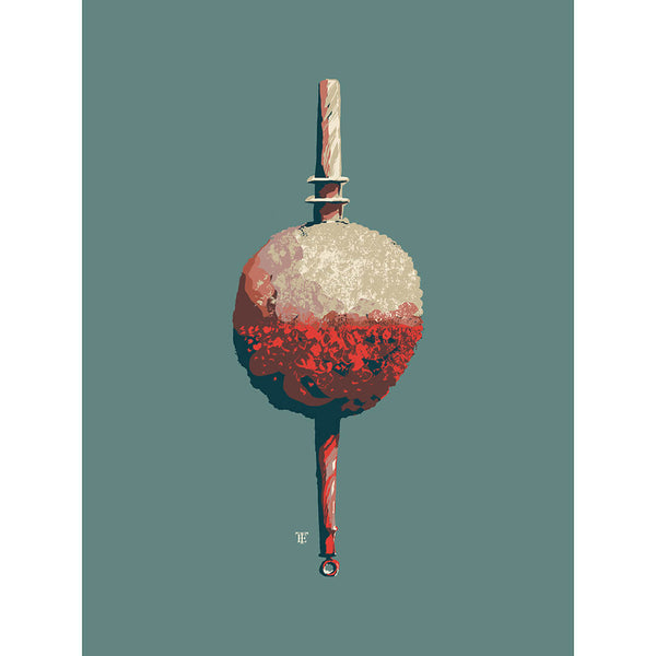 retro fishing cork art print in red and blue