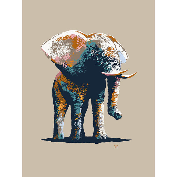 modern elephant art print illustration in beige and navy blue