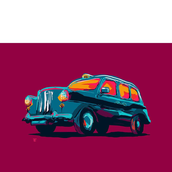 Vivid, colorful art print poster of a Hackney Carriage London Taxi Cab on hot pink background