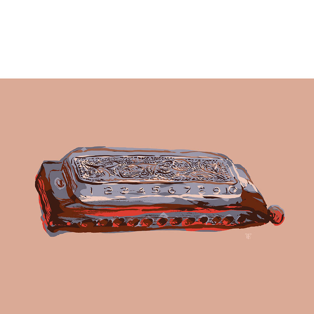 colorful modern art print of a harmonica