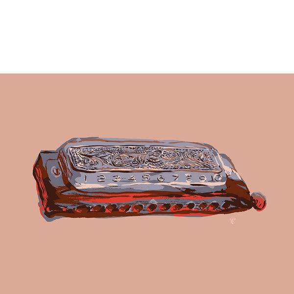 colorful modern art print of a harmonica