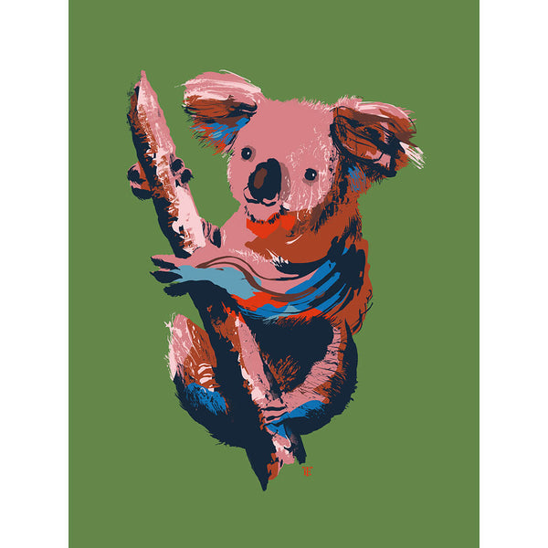 modern koala art print in green, navy blue, and red.