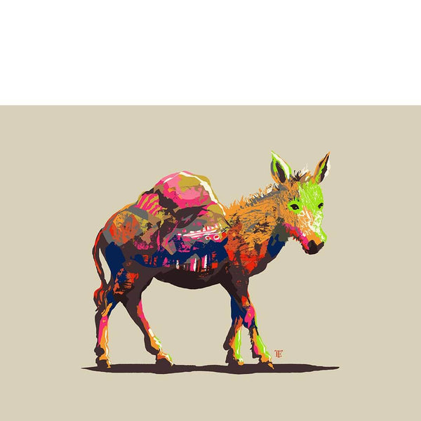 Art print poster of colorful pack donkey drawing