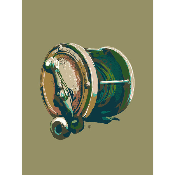 fly fishing reel art print in earth tones