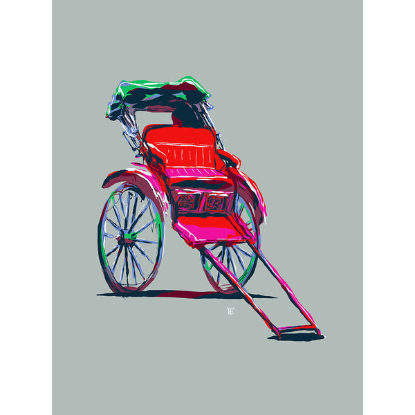 colorful chinoiserie art print of a rickshaw