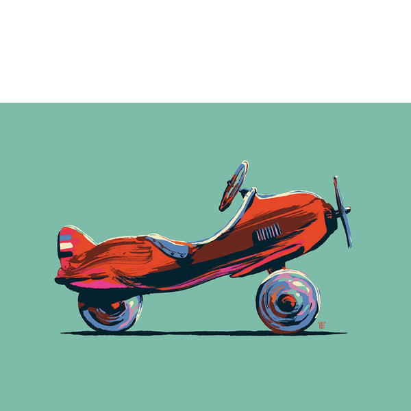 retro airplane toy art print in red and teal