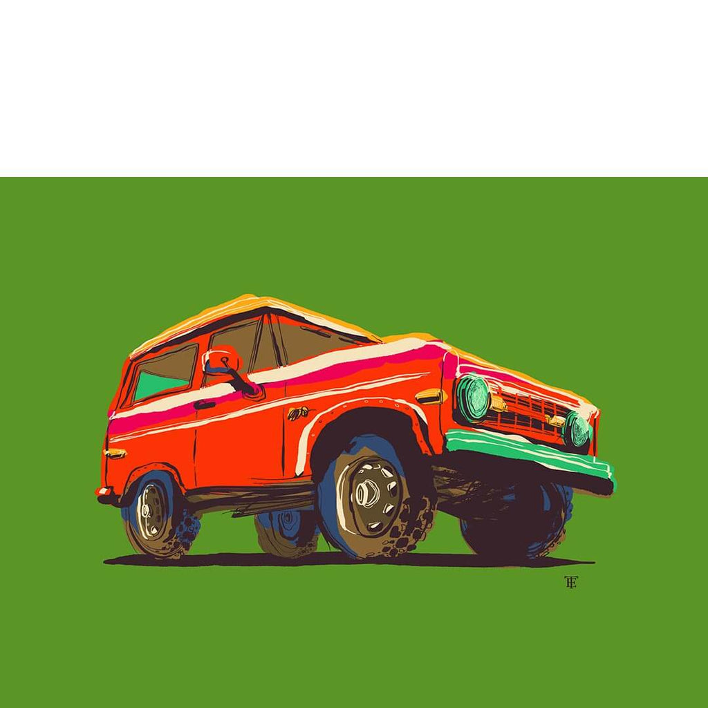 vintage antique SUV 4x4 art print poster of colorful line drawing on green