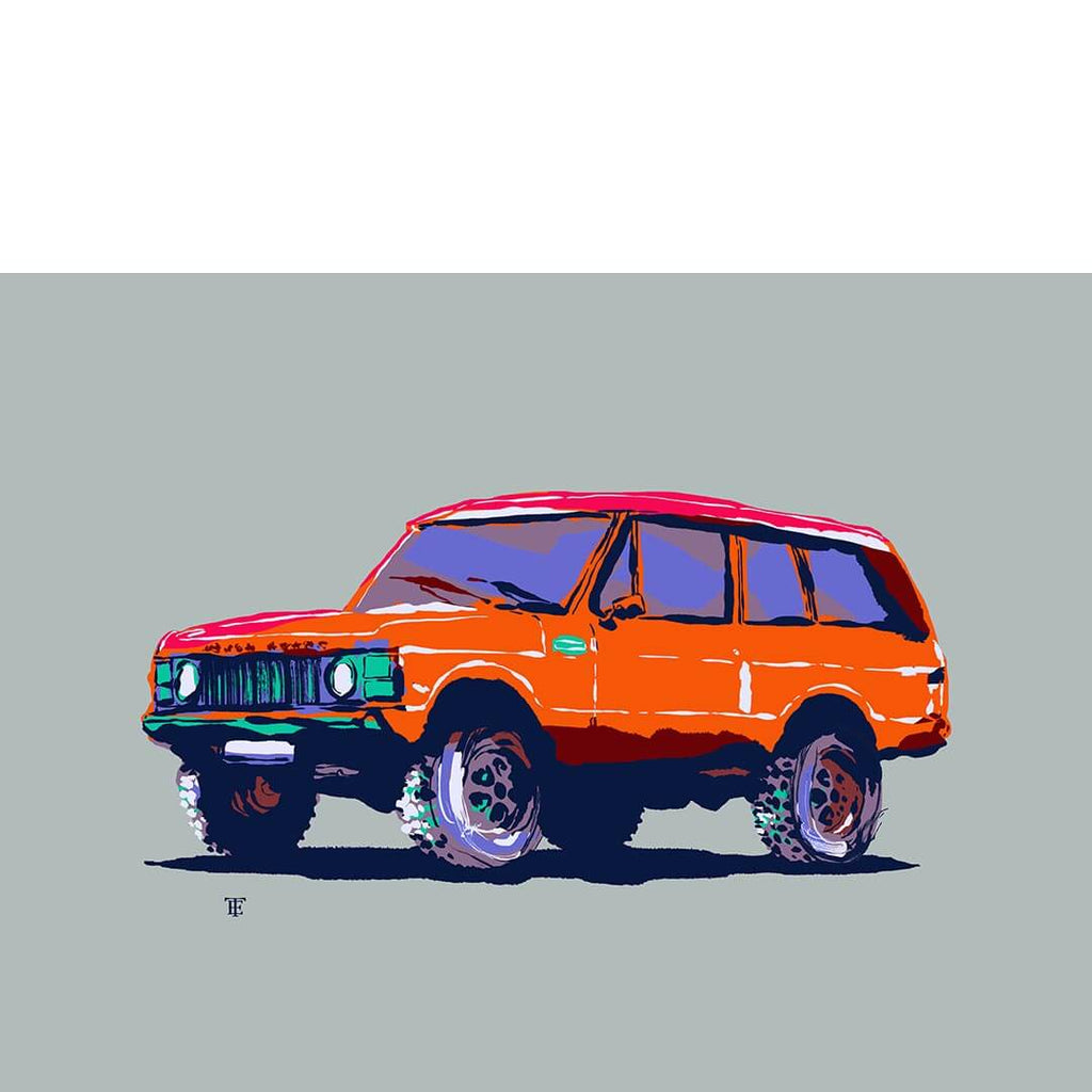 vintage antique SUV 4x4 art print poster of colorful orange line drawing