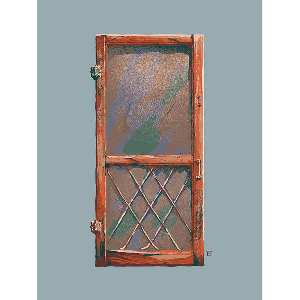 old screen door art print in cool colors