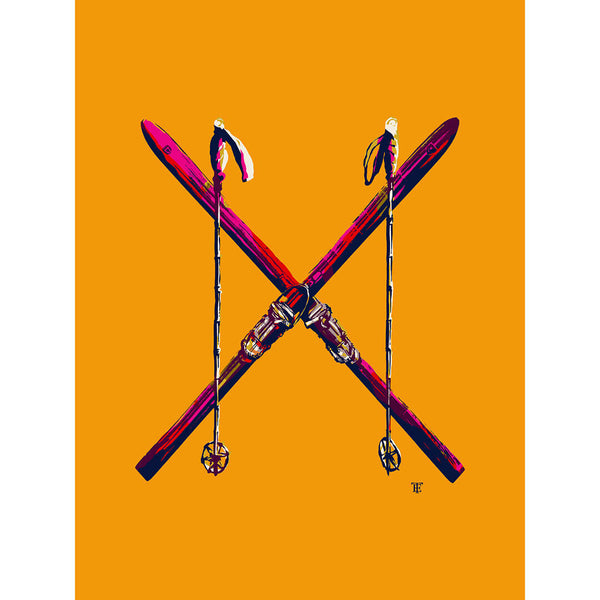 retro skis art print poster in blue